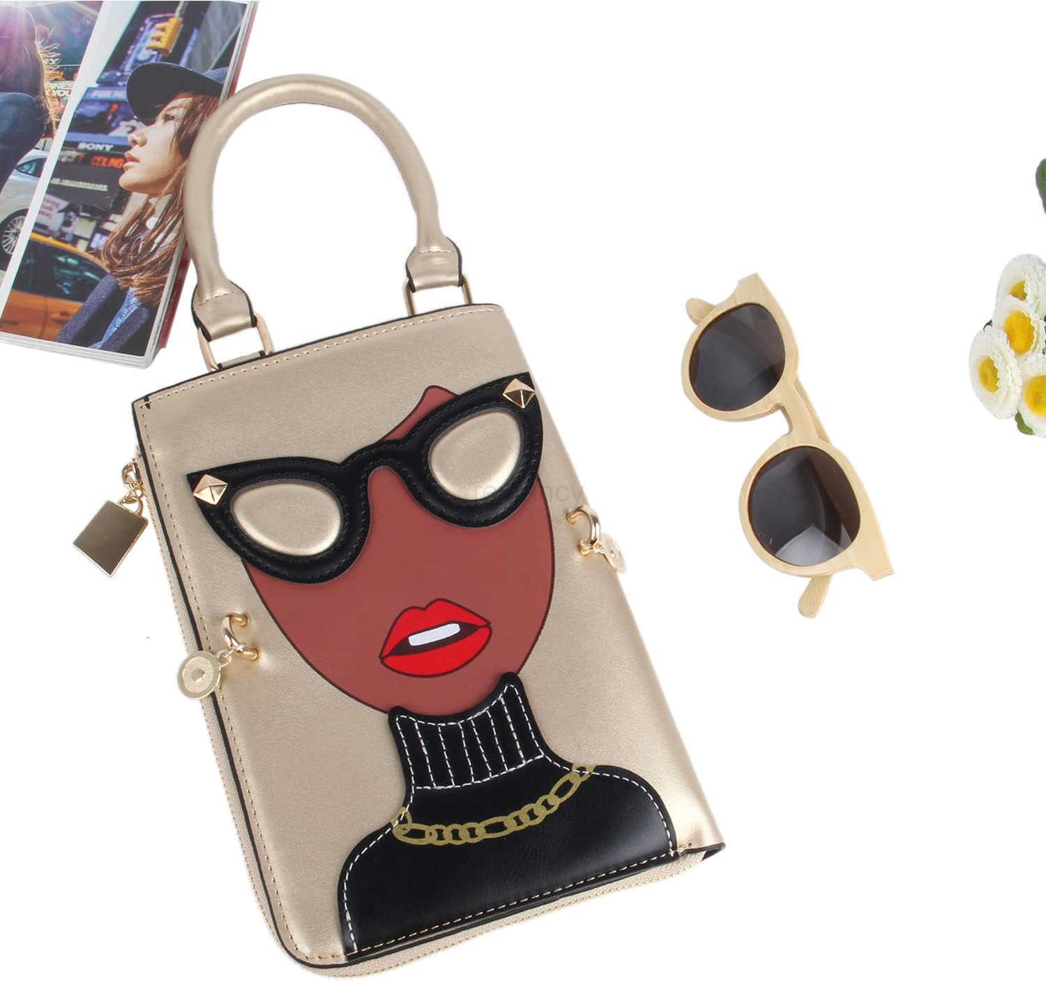 Women Novelty Lady Face Shoulder Bags Funky PU Leather Top Handle Satchel Handbags Clutch Purse for WomenW250912