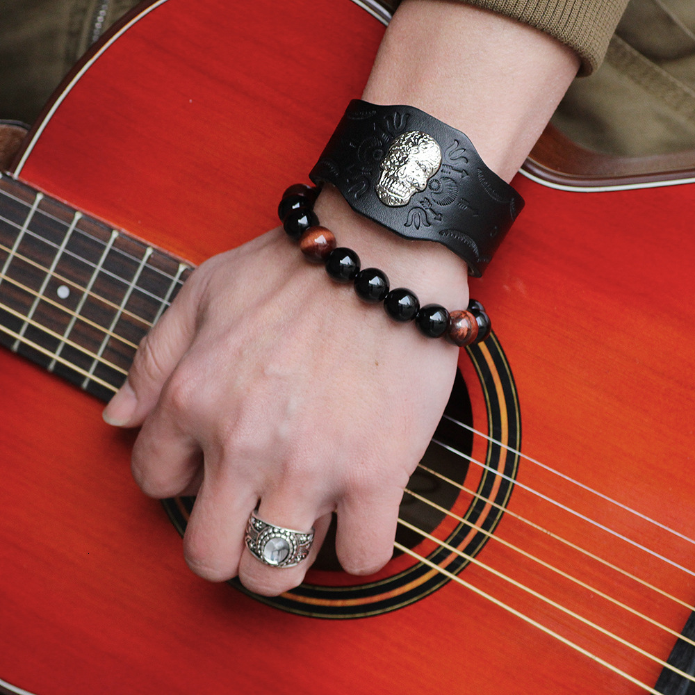 Temu Hot Selling Punk Rock Style Men Skull Genuine Korean and Japanese Wide Leather Bracelet ddmymoon