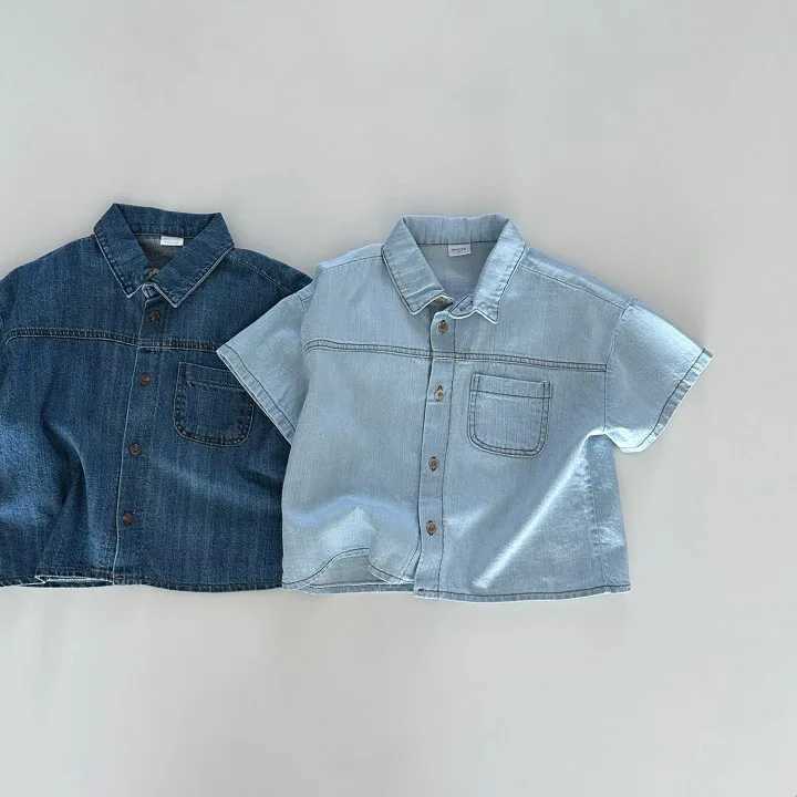 Summer childrens set solid color denim boy short sleeved top and shorts set fashionable girl baby cardigan denim jacket set C250913