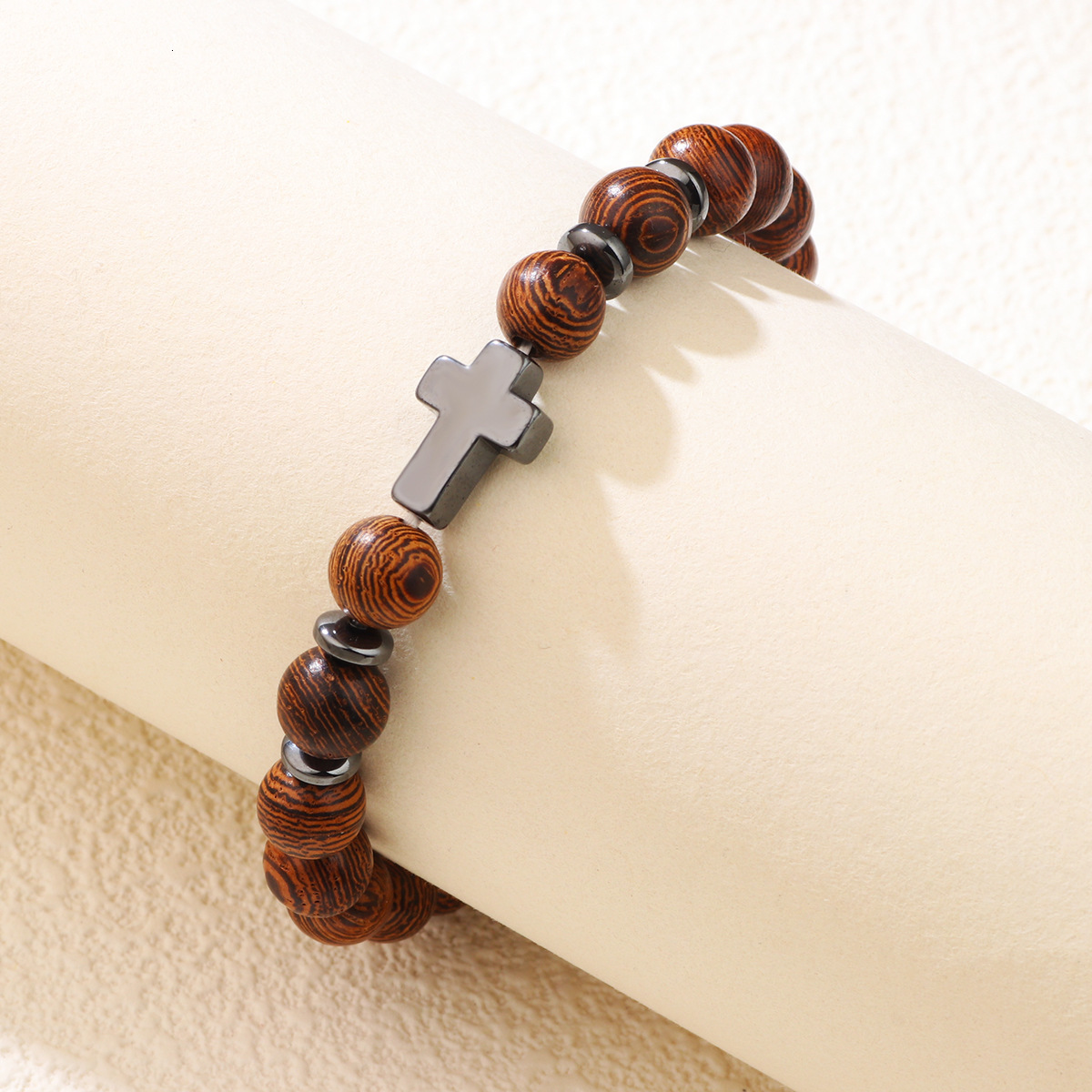 Black Gallstone Cross Beaded Men's Wood Grain Bracelet New Jewelry ddmymoon