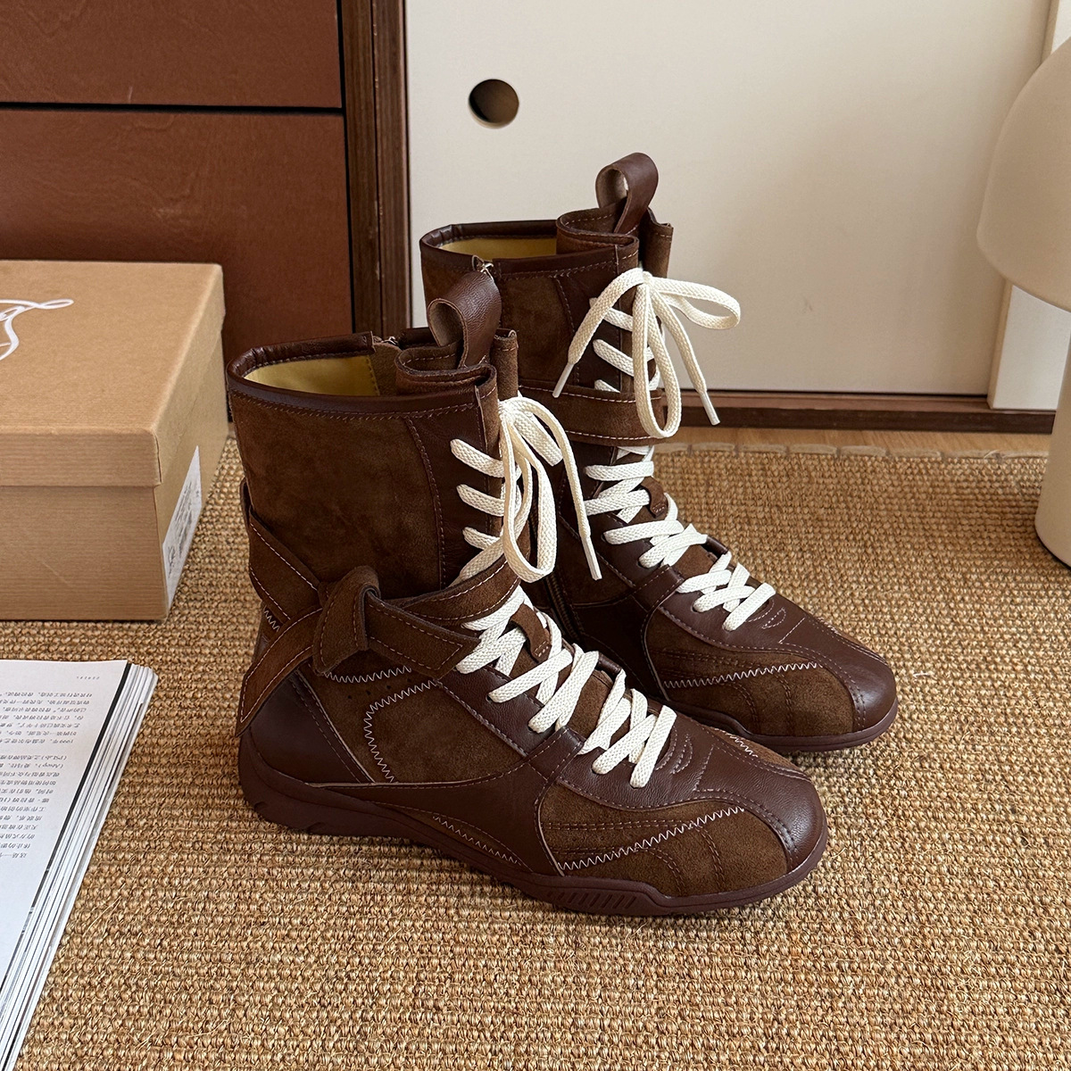 The 2025, best-selling retro matte niche boots, lace-up boxing boots, round-toed boots, versatile mid-calf western boots for women, free shipping