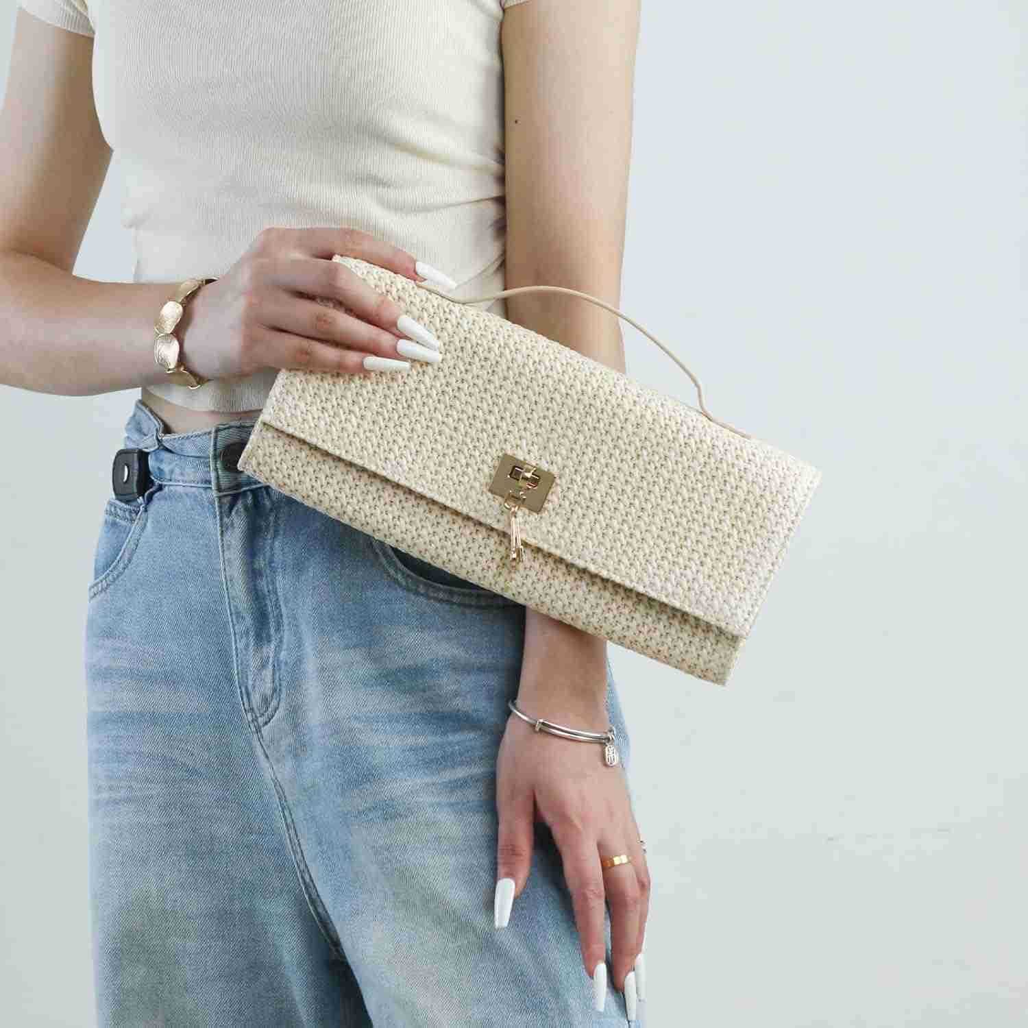 Top handle Straw Clutch Purses for WomenWoven Evening Shoulder Handbag Formal Crossbody Purse Party BagW250913