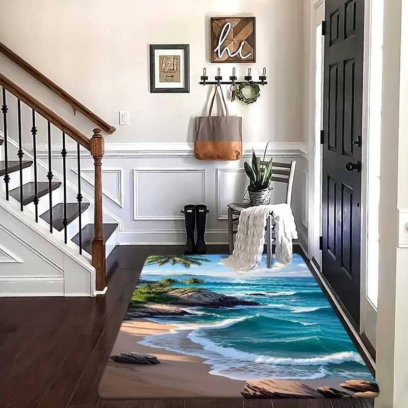 1pc Beach Rug 1pc NonSlip Beach Print Rug 800gsq Crystal Velvet Washable Polyester Coastal Landscape Design for Living R C250913