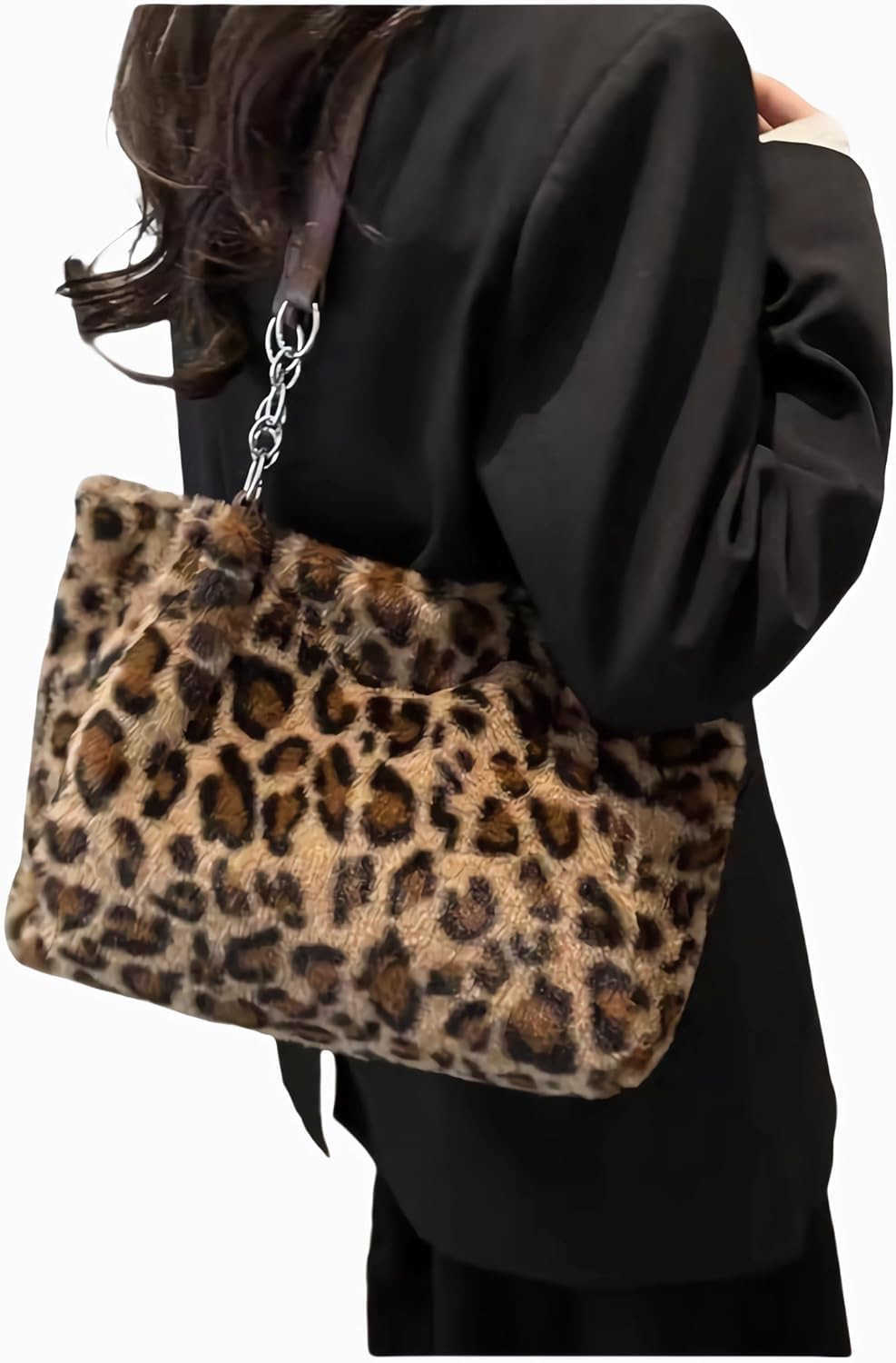 Faux Fur Leopard Print HandbagY2K Furry Fur PurseChain Fuzzy Strap Cheetah Print Shoulder Tote Bag For Women Gift C260116