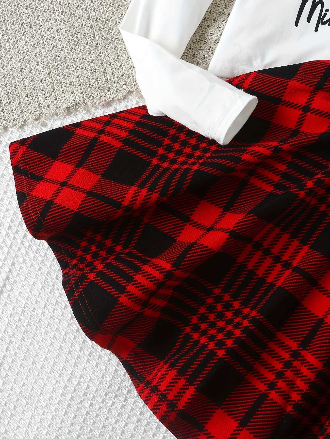 Girls Skirt Suit Spring Fall LongSleeved Bottoming Shirt Medium and Large Childrens Girls Top Plaid Skirt TwoPiece Set C250913