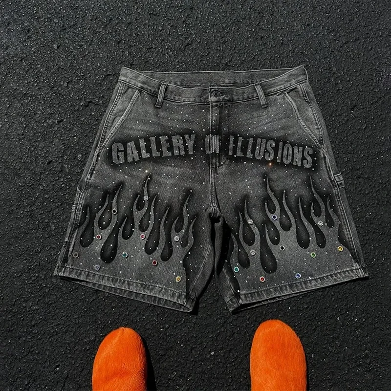 Men's Y2K Fashion Distressed Jeans Retro Rhinestone Flame Pattern Printing Casual Washed Denim Shorts Men Women High Waist Hip Hop Streetwear Des