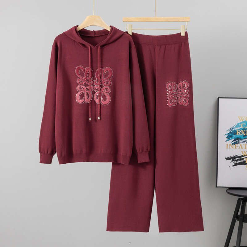 Hot Rhinestone Casual Fashion Knitted Women, Loose Hooded Sweater Wide-Leg Pants Two-Piece Set For Autumn And Winter