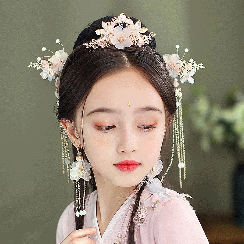 Chinese Hanfu Hair Stick Hairpin Earrings Accessories Set Long Fringed Vintage Flower Handmade Wedding Jewelry y250915