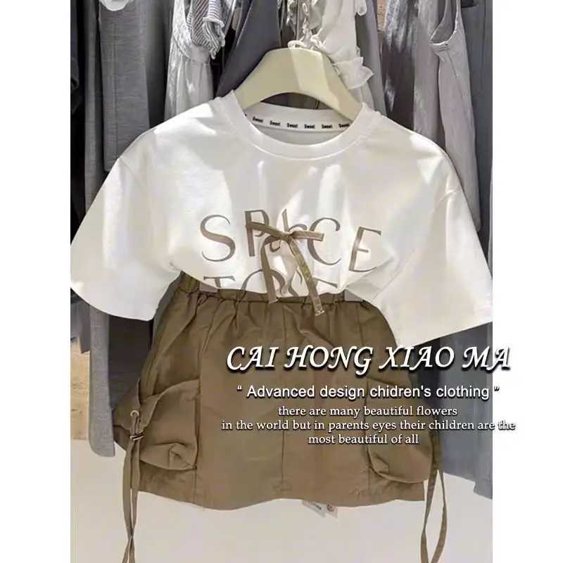 Girls Set 2025 Summer New Korean Baby Girl Bow Short Sleeve Sweet Cool Work Skirt Summer Two Piece Set C250913