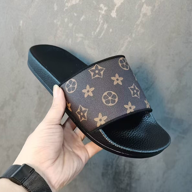 Free shipping for 2025 summer fashion slippers men's monogram outerwear black brown white large size 36-45