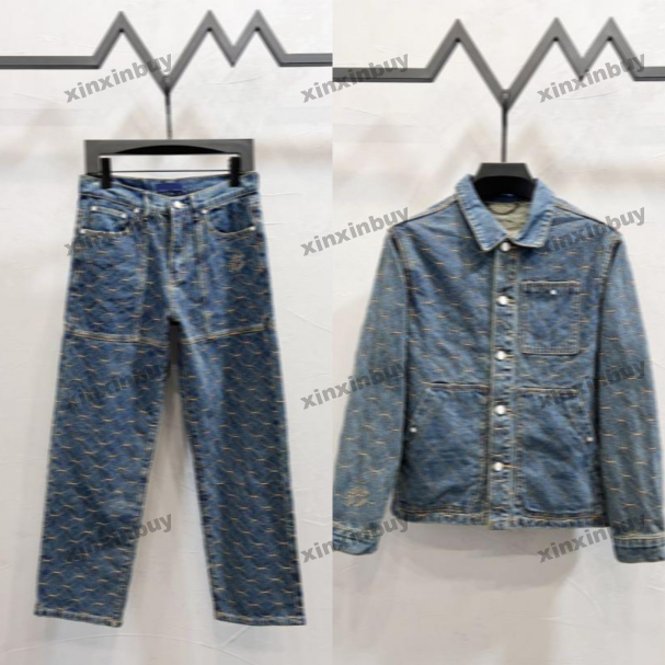 xinxinbuy Men designer Coat Jacket Washed denim flower letters embroidery jacquard fabric sets long sleeves women black gray blue XS-3XL