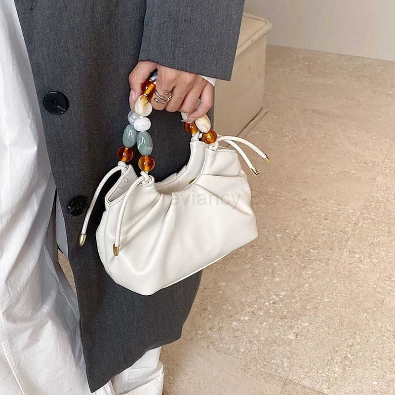 Women Top Handle with Colorful Beads Handbag Classic Soft Vegan Leather with Detachable Shoulder Strap SmallW250913