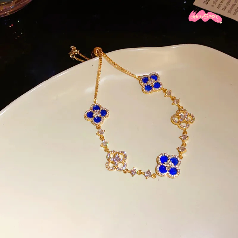 Gold Tone Clover Shaped Link Bracelet Shell & Crystal Accents Elegant Party Daily Wear Gift For Her High Quality And Stylish Jewelry ddmythur