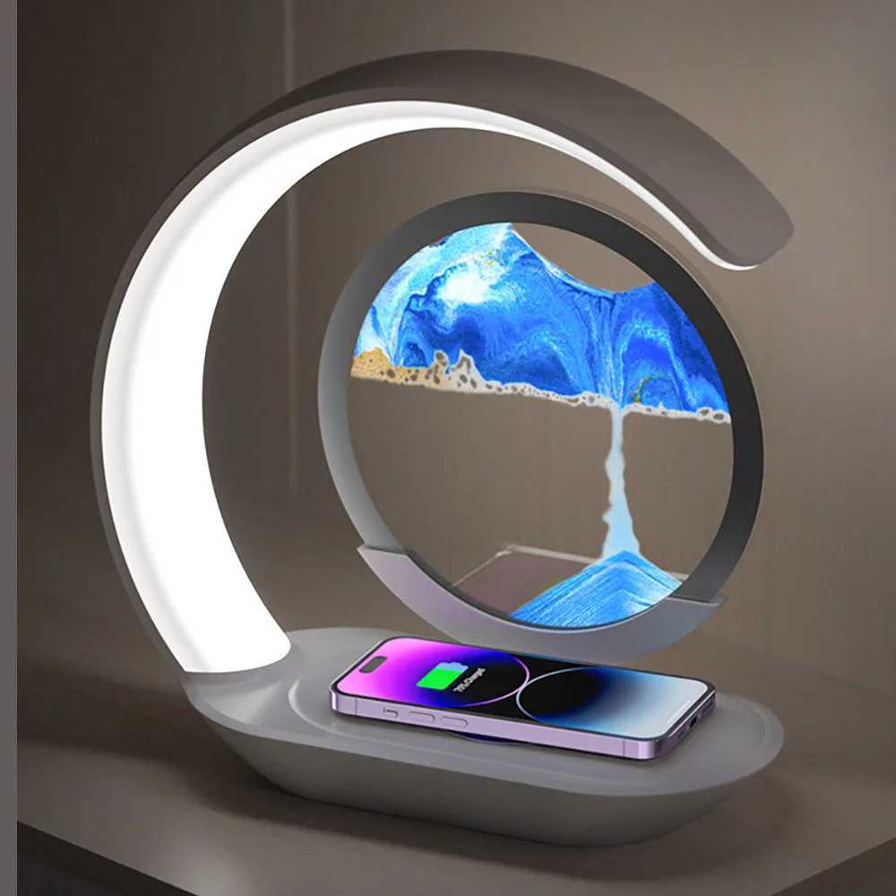 Quicksand Table Lamp Wireless Charging Desk Lamp 3D Hourglass Ornaments Sand Painting Night Light for Office Room Decoration C251122