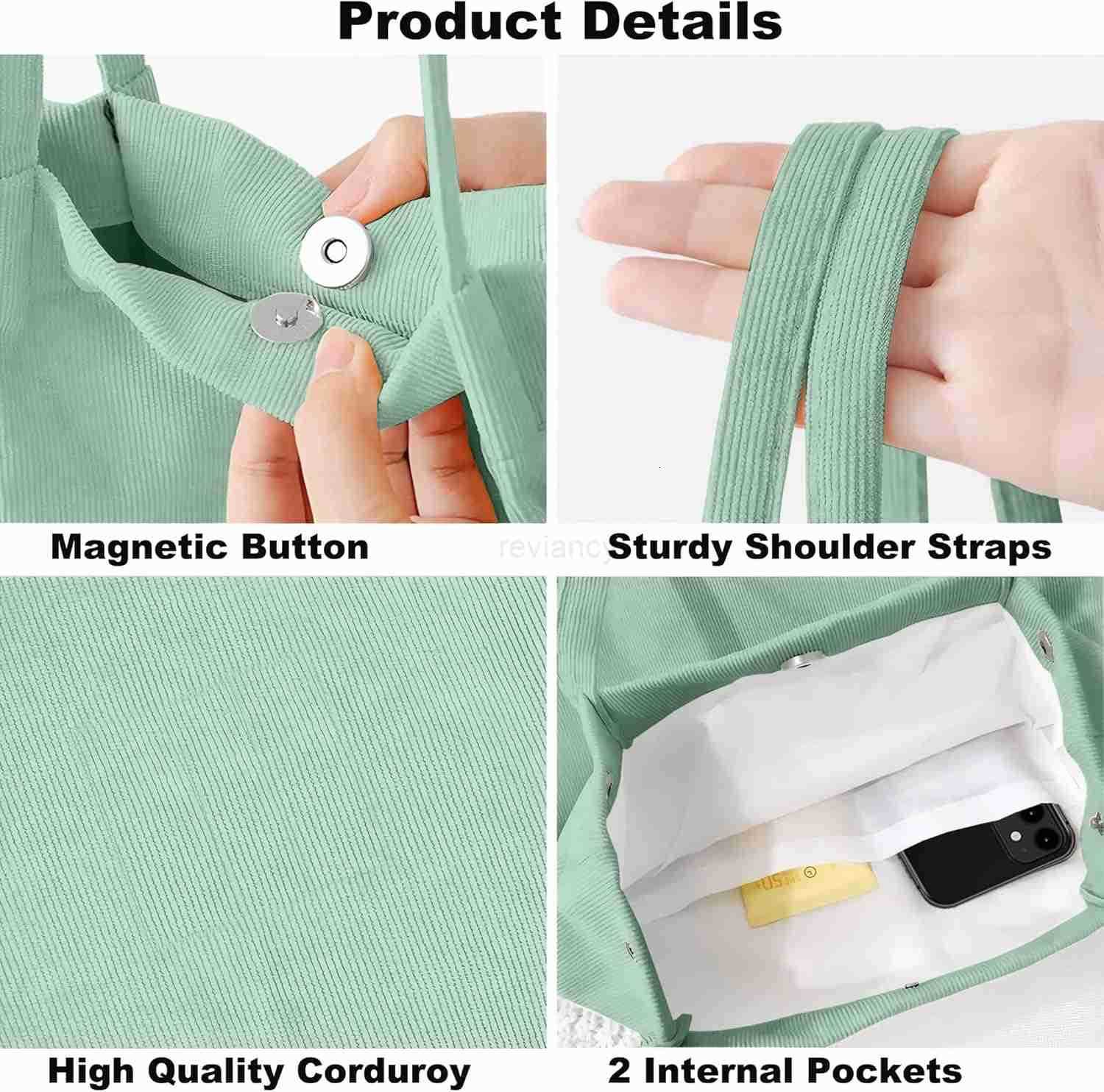 Corduroy Tote Bag for Women Canvas Shoulder Purse Cord Handy Bag with Inner PocketW250913