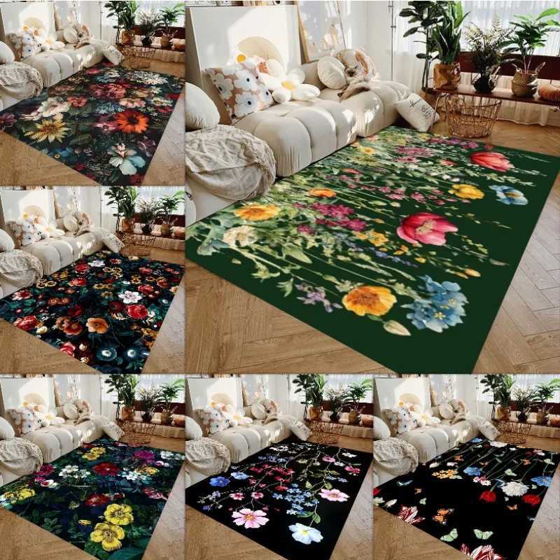 BOTANICA Balcony Cute Flowers Rug Waterproof Nonslip Floor Mat Living Room Carpet Black White Modern Art Style Home Decorative C250913
