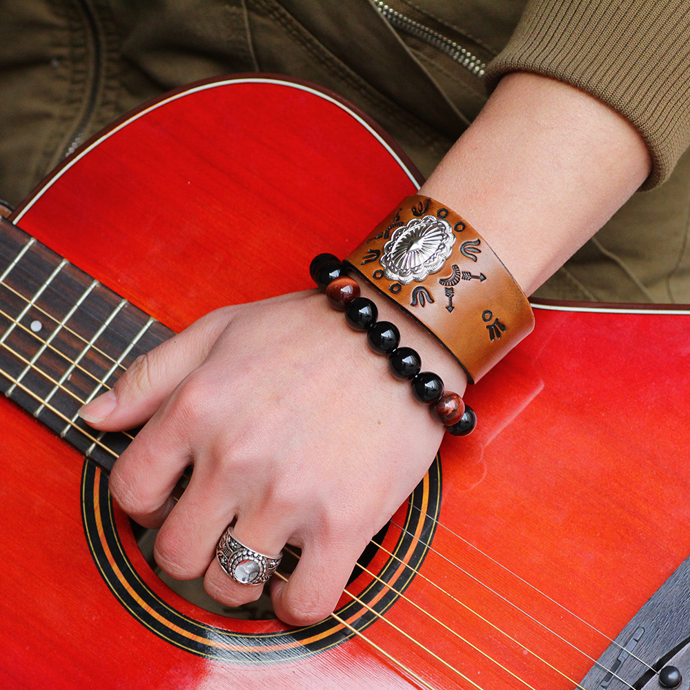 Temu Cowhide Punk Style Genuine Leather Exaggerated Emed Totem Bracelet Trendy Men's Essential ddmymoon