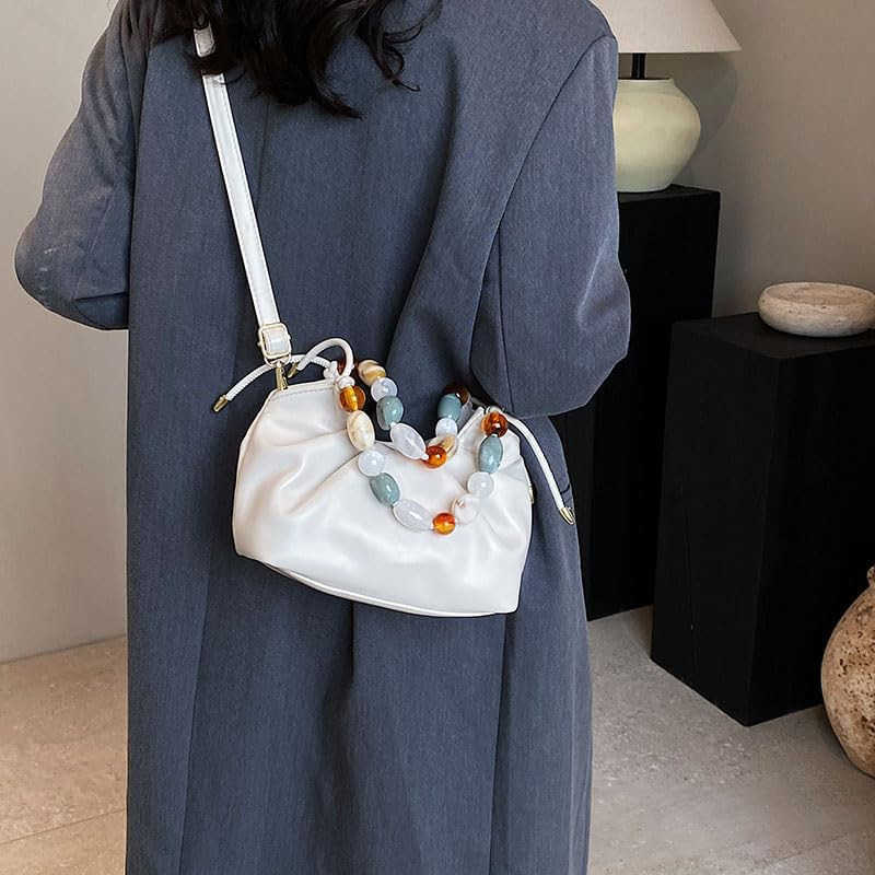 Women Top Handle with Colorful Beads Handbag Classic Soft Vegan Leather with Detachable Shoulder Strap SmallW250913