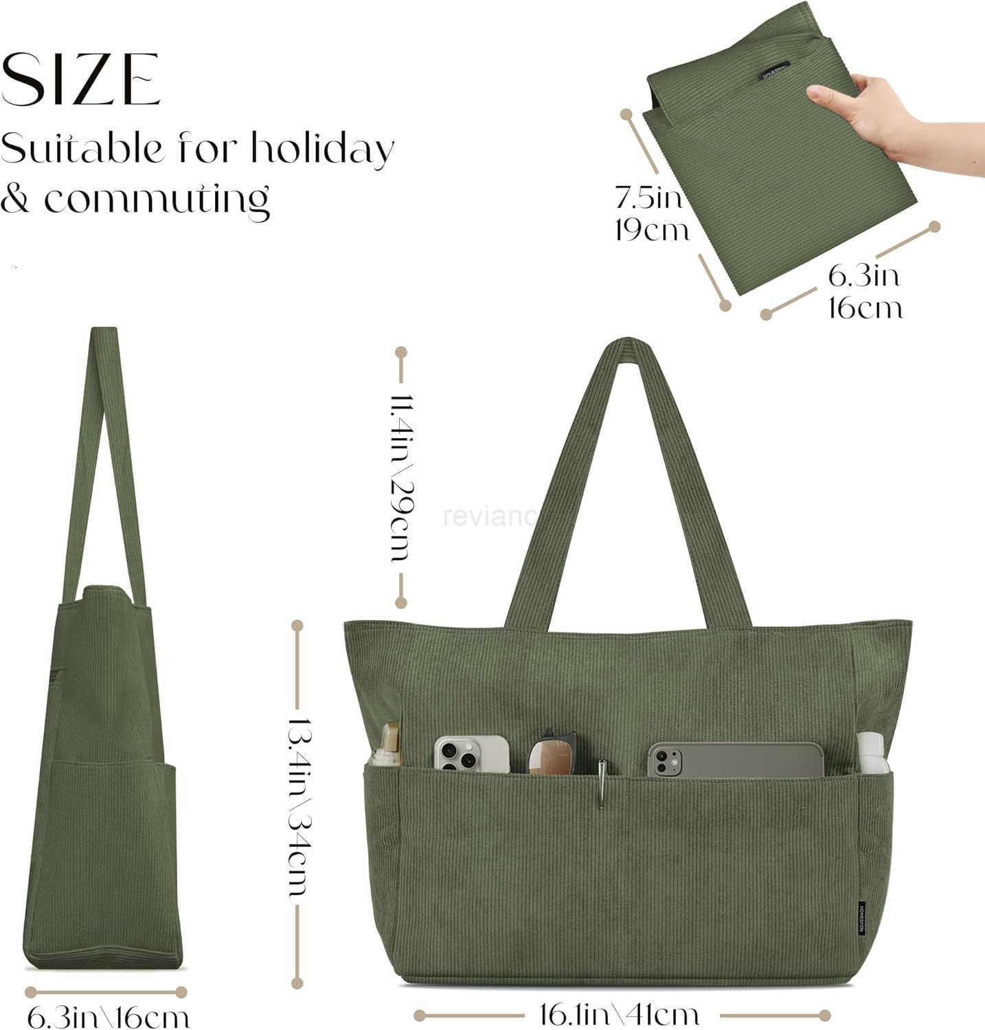 Large Corduroy Tote Bag for Women Everyday Shoulder Bag with Pockets and Zipper for Work Travel VacationW250913