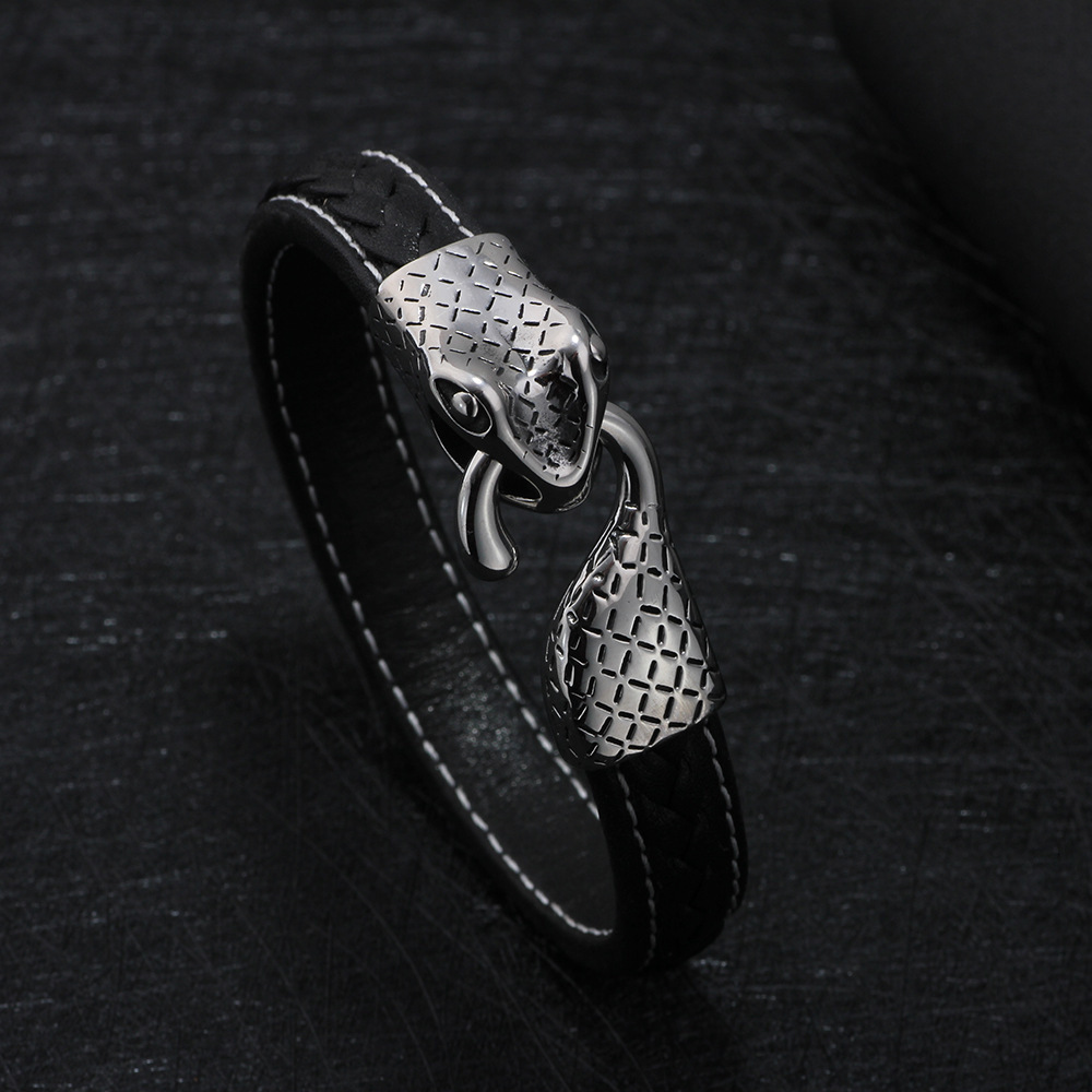 Classic Personalized Leather Stainless Steel Snake Head Handmade Woven Fashion Street Bracelet ddmymoon