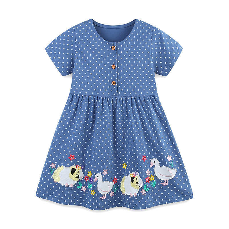 Girl's Dresses 25 Summer New Children's Dress Polka Dot Animal Embroidery Knitted Cotton Girls' Short Sleeve Dress