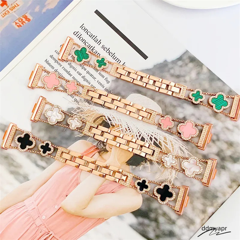 Four Leaf Clover Apple Watch 40Mm 44Mm 42Mm 45Mm 49Mm 46Mm Women Flowers Metal Bracelet For Iwatch Series 10 9 8 7 6 5 4 3 SE Ultra 2 Dia Smart Straps
