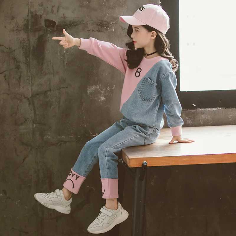 Baby and Girls Cotton Contrast Patchwork Alphabet SweatshirtDenim Pant Workout Set School Kids Tracksuit Child Outfit 314 Yrs C250913