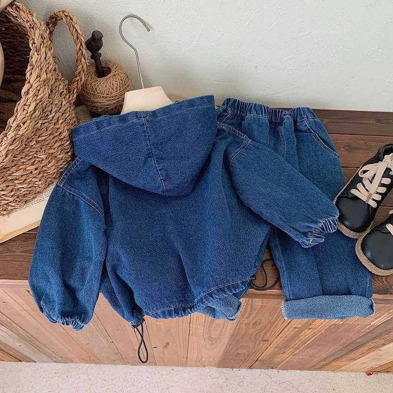 Childrens clothing Spring and Autumn boys denim hooded sweatshirt womens Baoyang solid color long sleeved top and pants set C250913