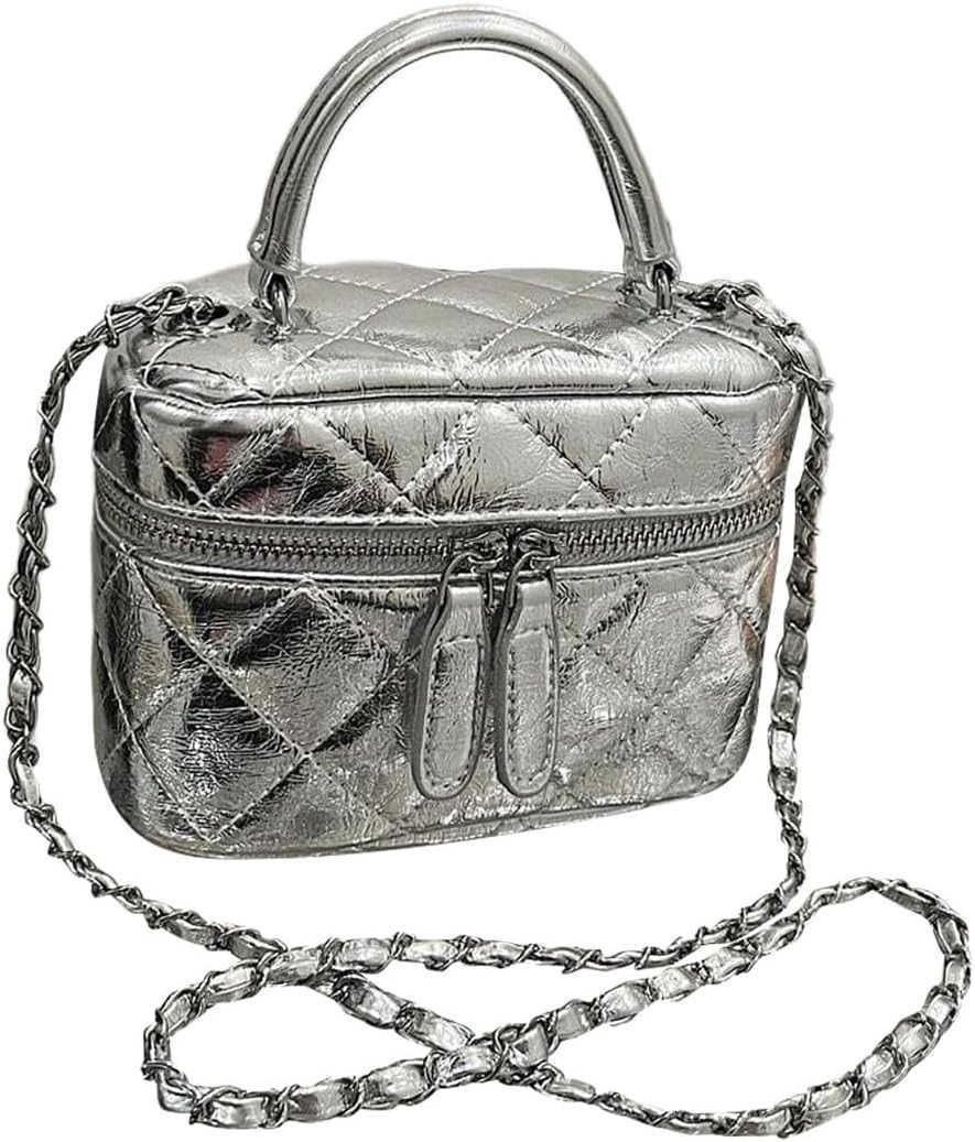Womens Silver Top Handle Crossbody Bag Small Crocodile Embossed Satchel Bag Mini Bucket HandbagW250913