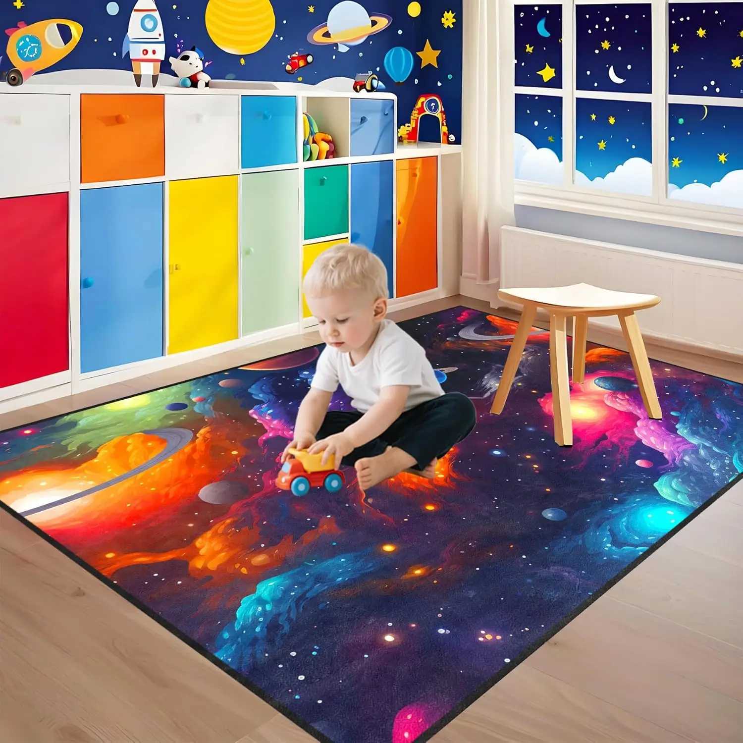 Galaxy Space Rug for Kids Bedroom Universe Nebula Star Carpet Educational Outer Space Theme Play Mat for Boys and Girls C250913