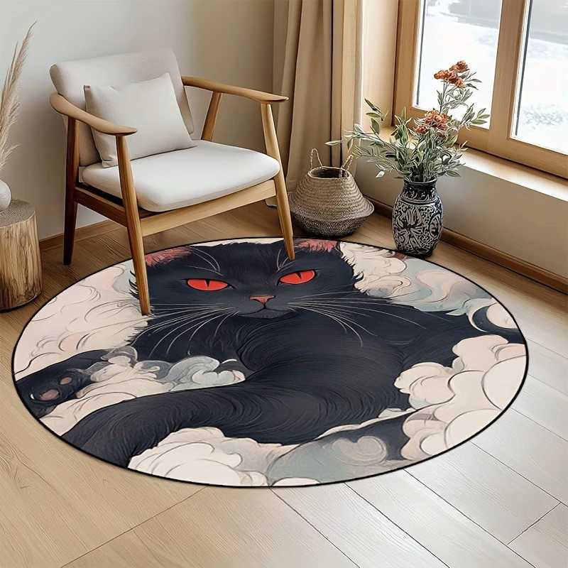 1pc round rug in crystal velvet fabric with black cat pattern suitable for entryway living room bedroom terrace and garden C250913