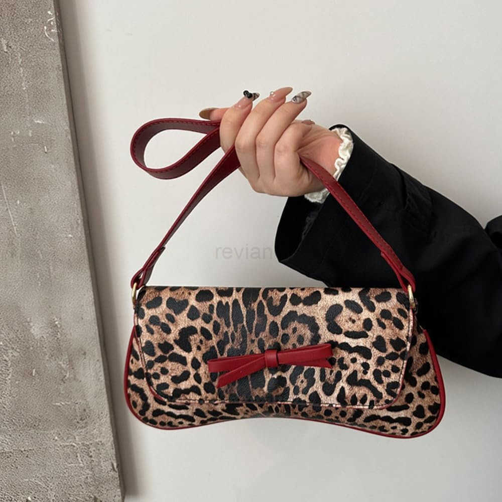Womens Leopard Print Shoulder Bag Underarm Hobo Handbag with Bow TopHandle BagsW250913