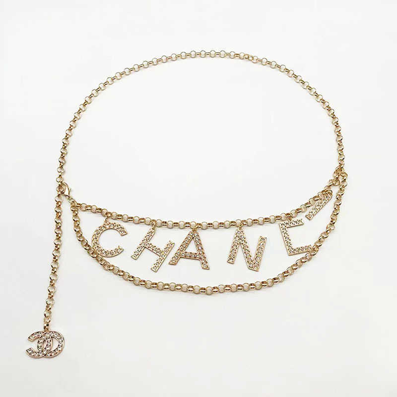 Korean version chain small charm single-layer double-layer pendant letter A diamond waist chain golden and silver ins belt J250913