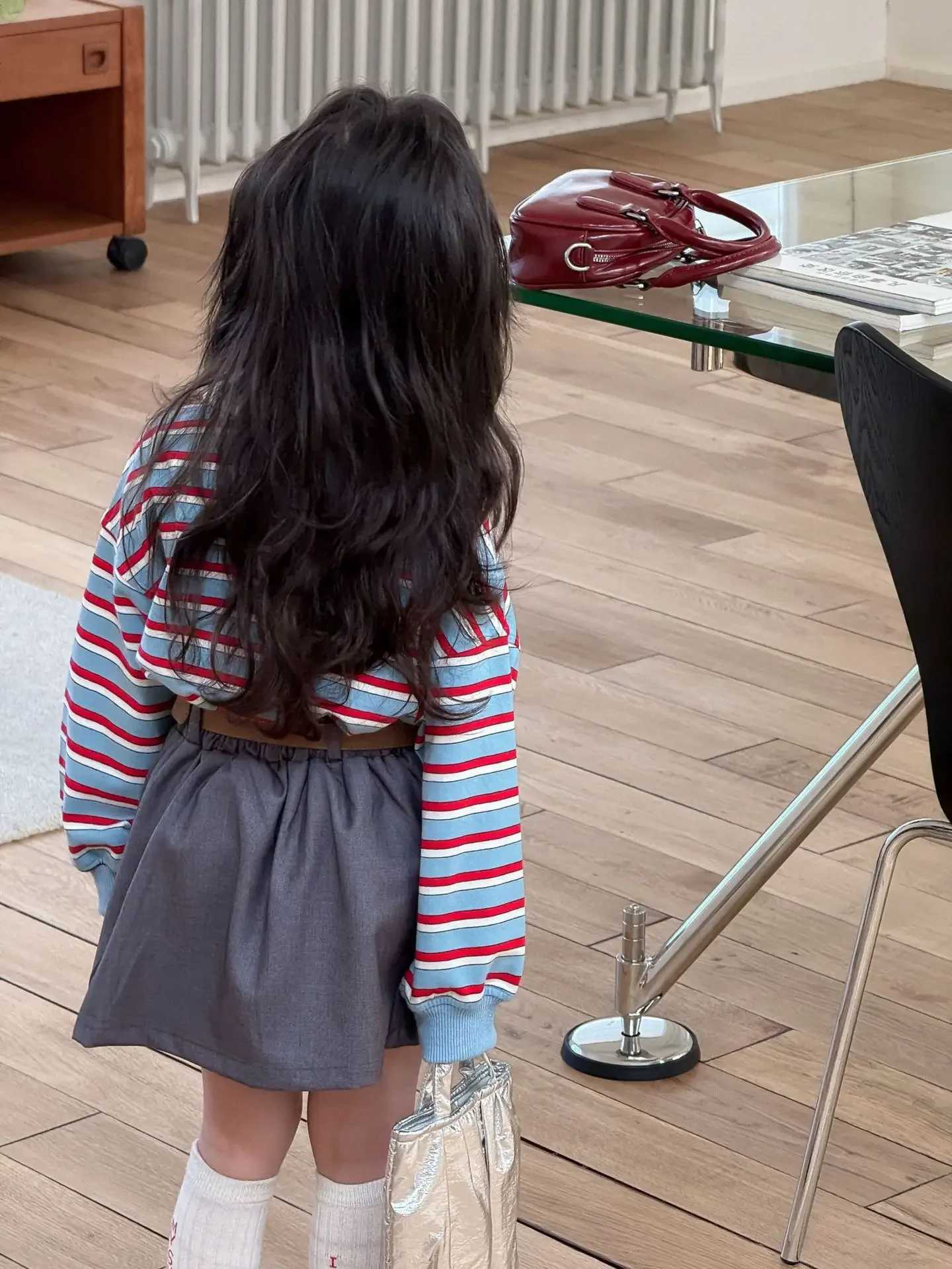 Girls Suit 2025 Autumn New Childrens Clothing Korean Style Girl Baby Print Stripe Retro Stripe Hoodie Bag Hip Skirt Two Sets C250913