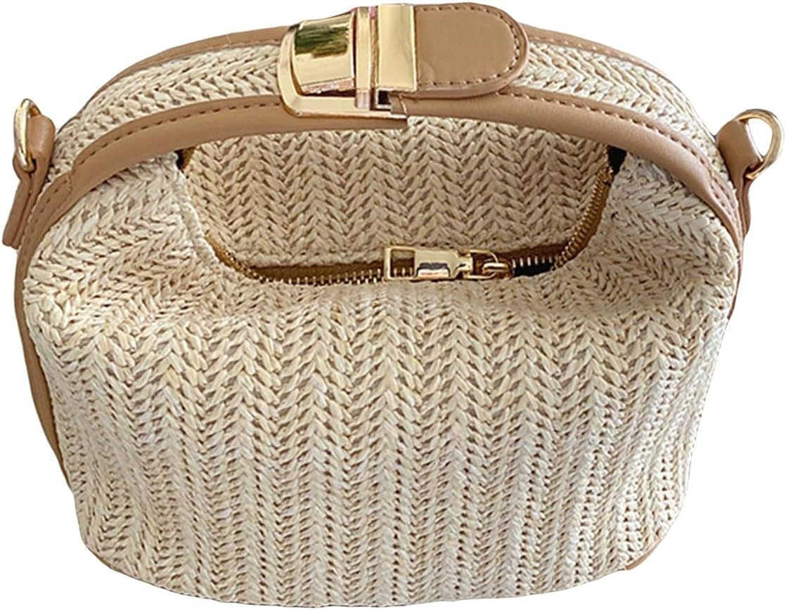 Womens Straw Clutch Purses Handmade Woven Top Handle Bag Zipper Crossbody BagsW250913