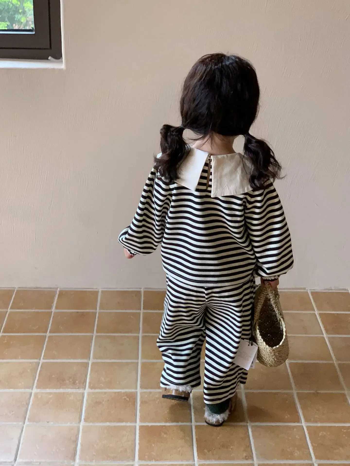 Childrens Clothing Sets Big Lapel Striped Top and Wideleg Pants 2pcs Sets Baby Girl Outfit Set Toddler Girl Clothes C250913