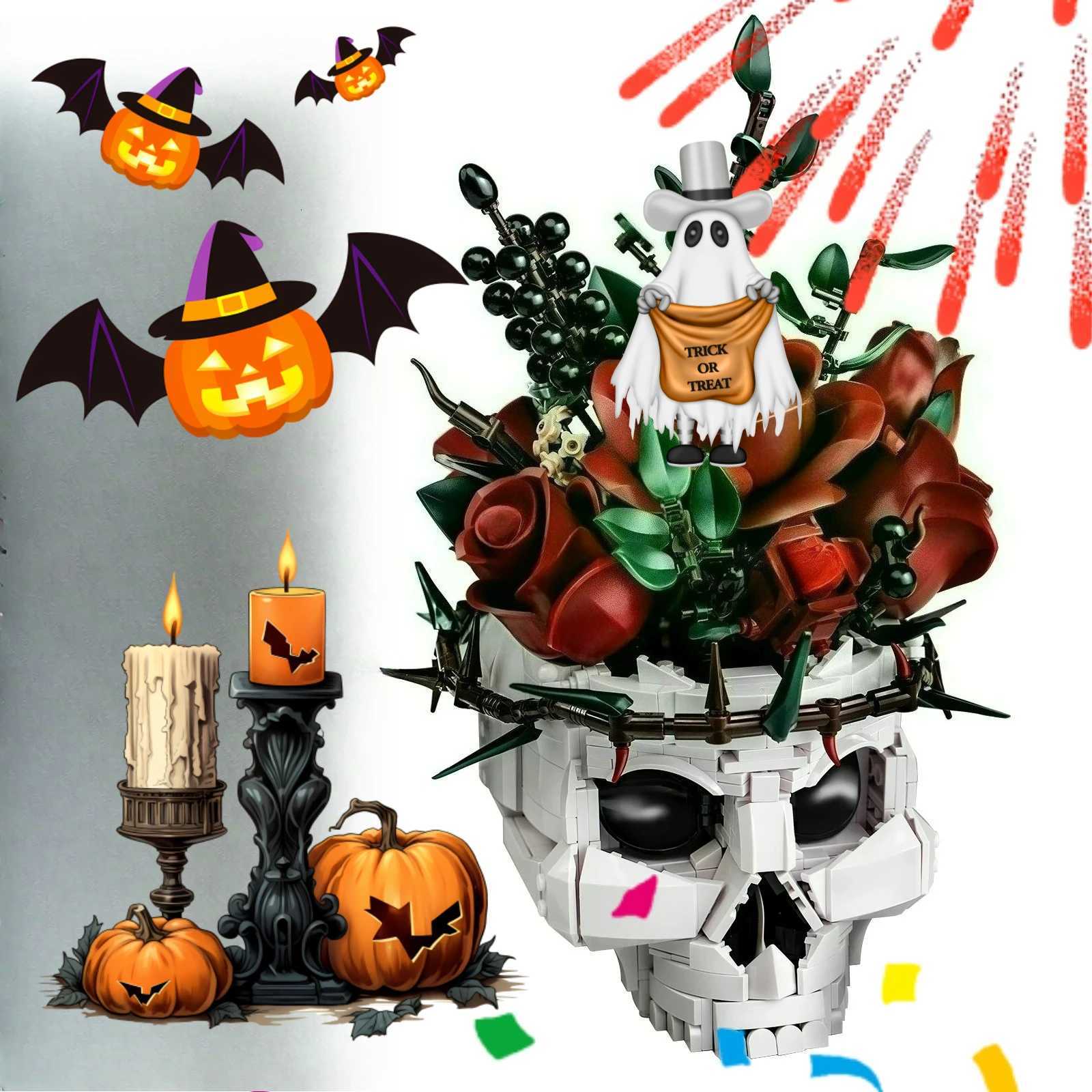 2025 Halloween Skull Roses Bouquet Building Set Skeleton Flowers Plant Pot Blocks Horror Gothic Home Decor Bricks Toys for Gift X250913