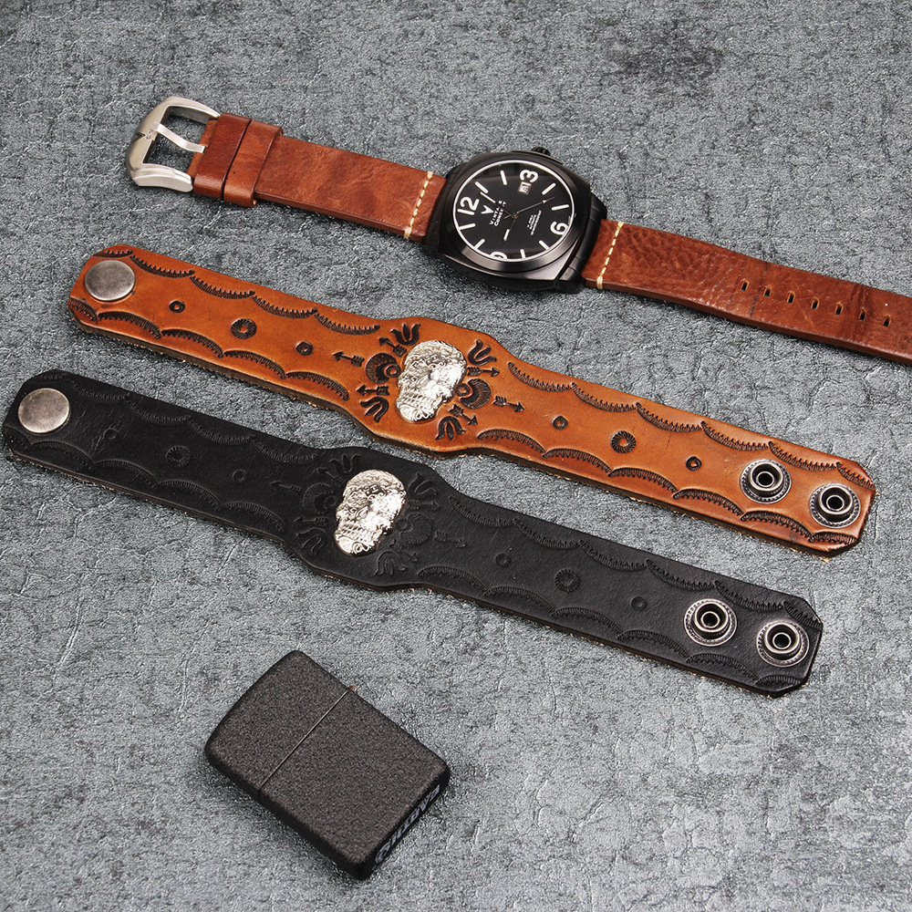 Temu Hot Selling Punk Rock Style Men Skull Genuine Korean and Japanese Wide Leather Bracelet ddmymoon