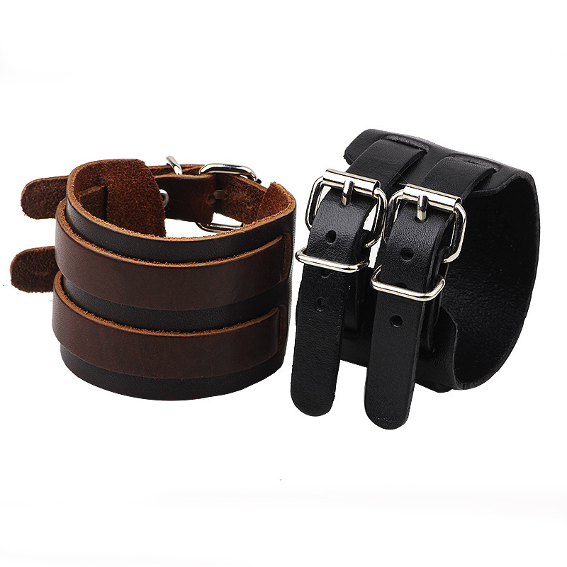 Temu Genuine Wide Leather Double Buckle Bracelet Men's High-end Punk Style Wristband ddmymoon