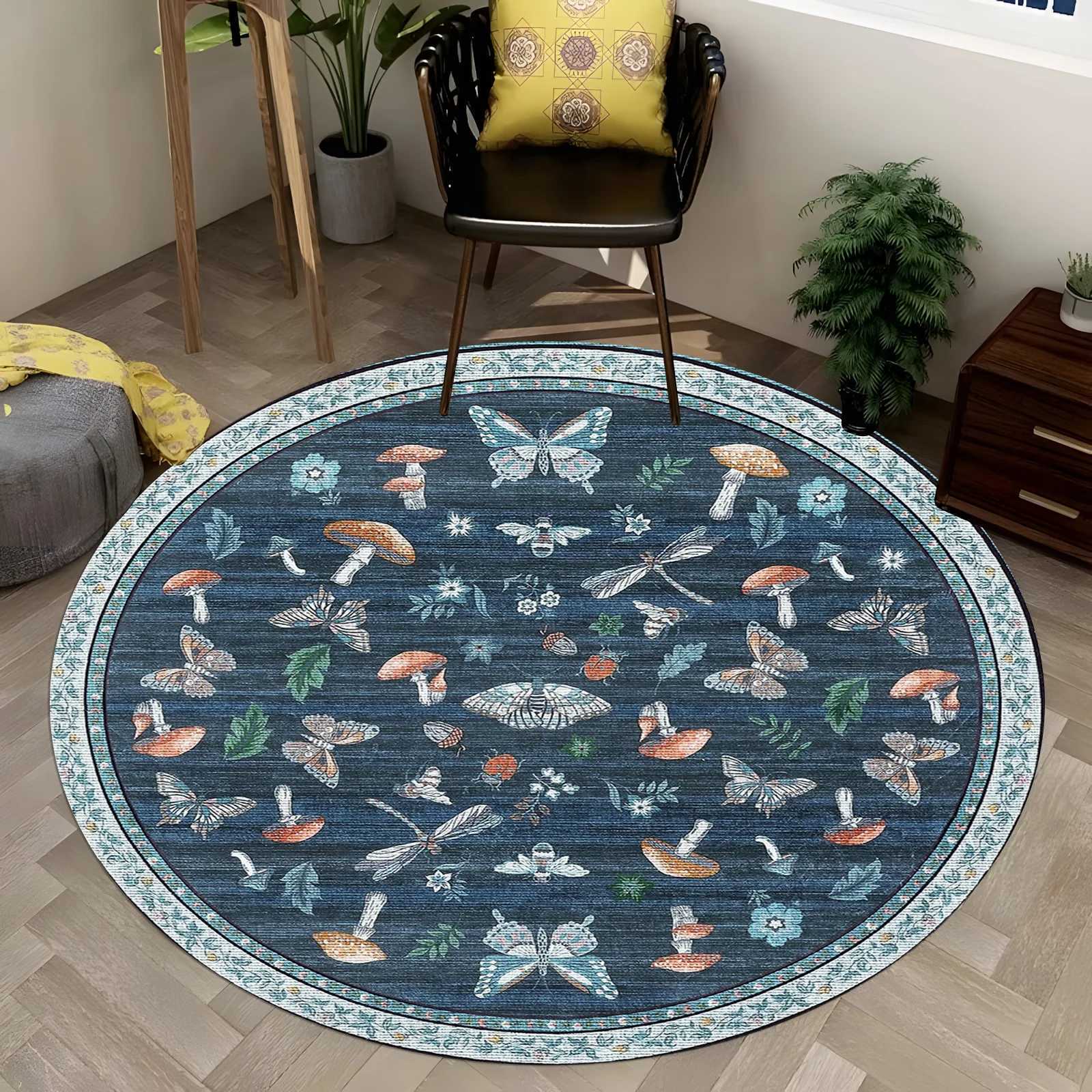 Round Blue Mushroom Butterfly Area Rug NonSlip Soft Carpet for Living RoomBedroom NatureThemed Home Decor Gift C250913
