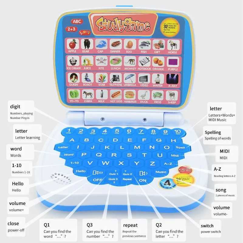 English Learning Small Laptop Toy for Kids 23 Years Boys and Girls Computer for Aphabet ABCNumbersWordsSpellingMathsMusic C250913