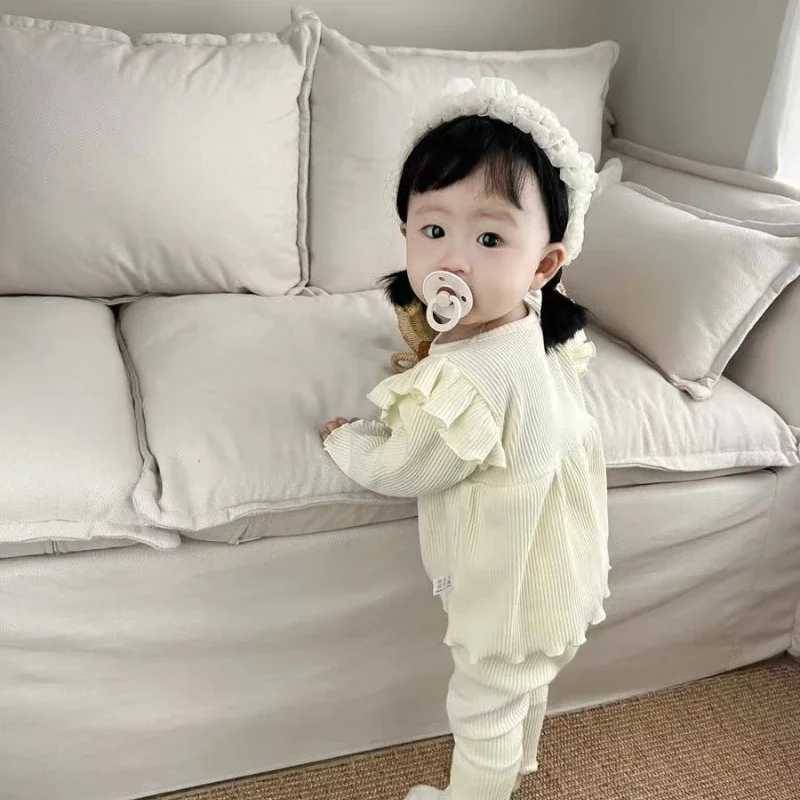 Ins 2025 Autumn Girl Baby Long Sleeve Homewear Children Simple Solid Ribbed Casual Tops Pants 2pcs Kid Cotton Fashion Tees Set C250913