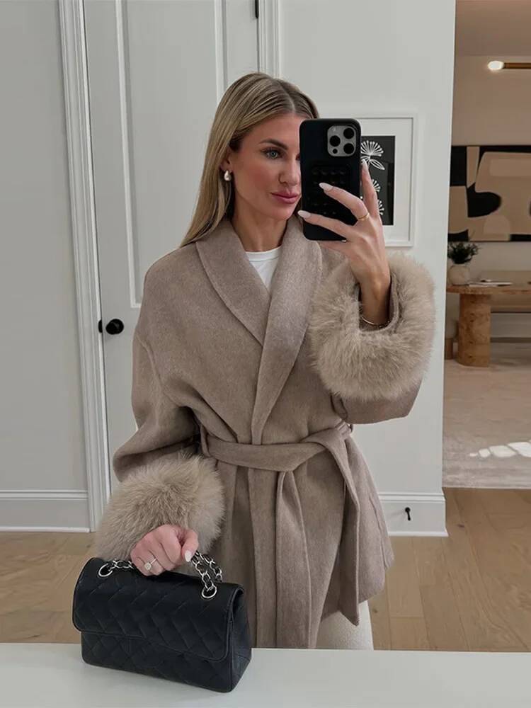 Elegant Lace Up Woolen Short Coat Solid Loose Lapel Furry Belt Long Sleeve Female Jacket 2025 Autumn Winter Lady Chic Cardigan dongdumaoyi