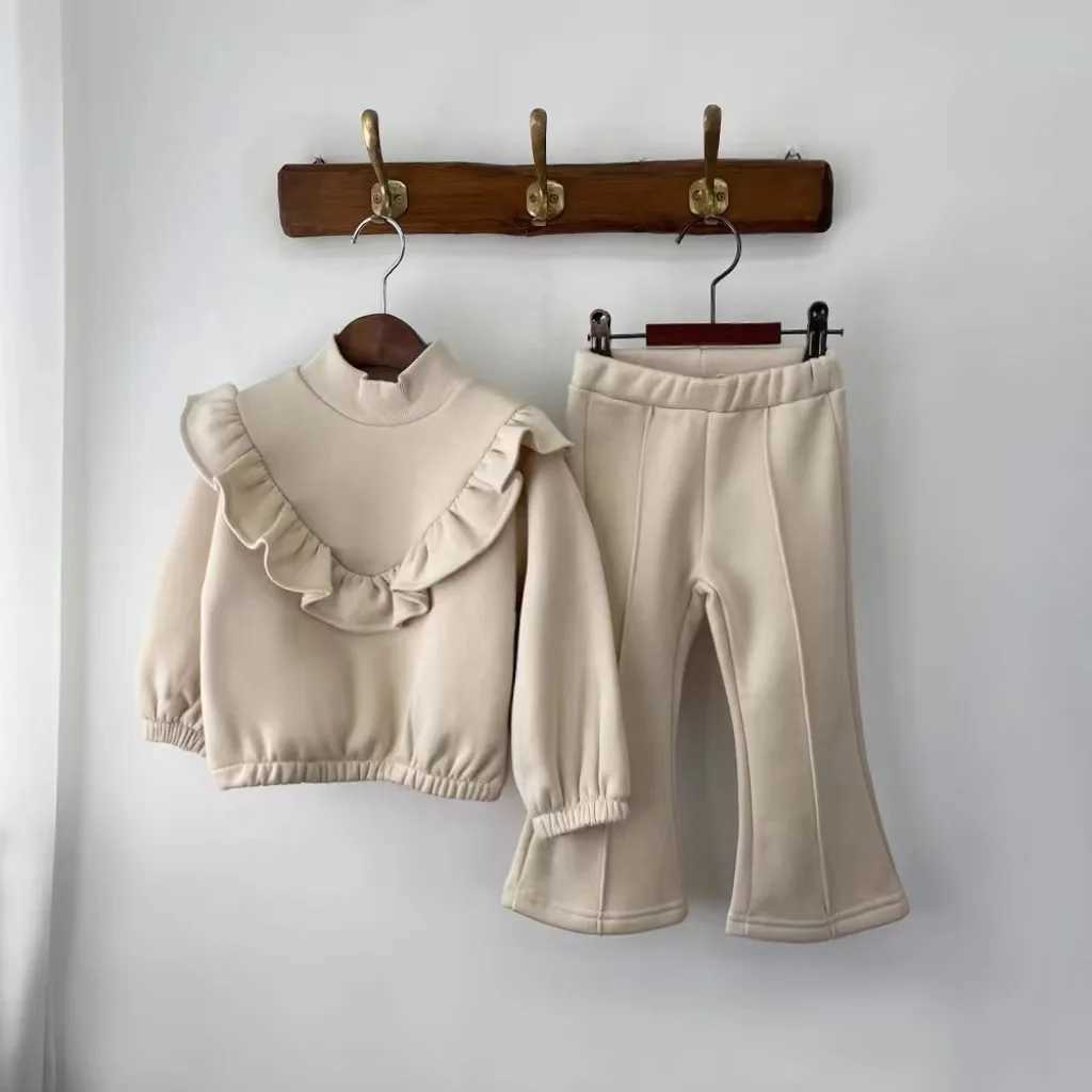 Winter Girl Children Fashion Solid Flounce Turtleneck Thick Tops Boot Cut 2pcs Baby Cotton Casual Sweatshirt Set Kid Outfits C250913