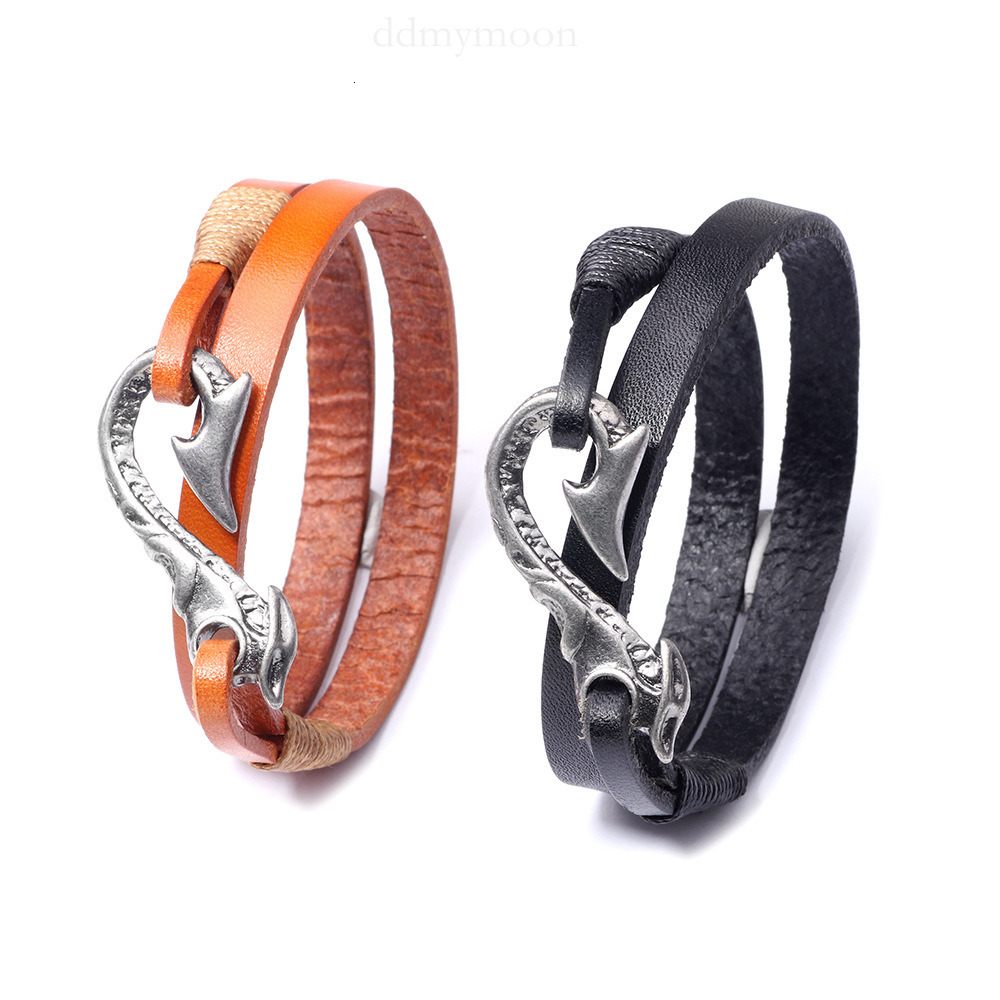 Cowhide Hand-Cut Woven Cord Metal Fish Hook Alloy Electroplated Antique Sier Leather Bracelet ddmymoon