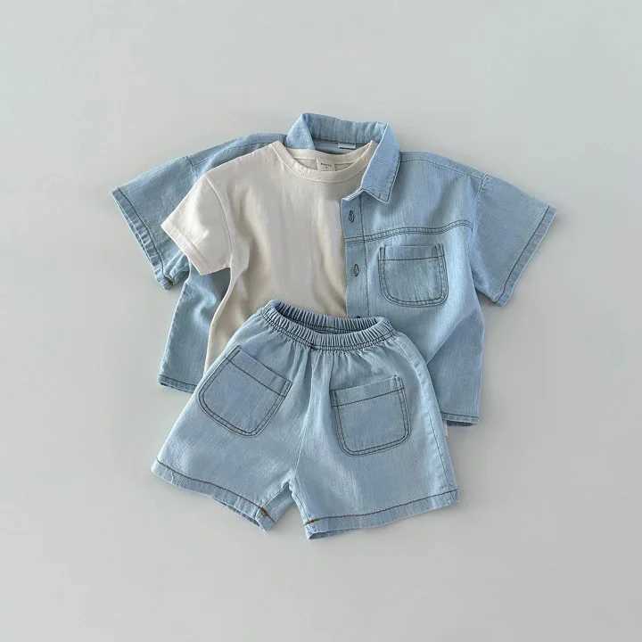 Summer childrens set solid color denim boy short sleeved top and shorts set fashionable girl baby cardigan denim jacket set C250913