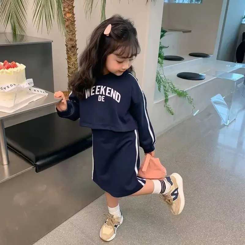 Childrens Sets Girls Dress Suit Spring and Autumn Styles Letterman Hooded Top Pinafore Jumper Dress Kids Clothes C250913