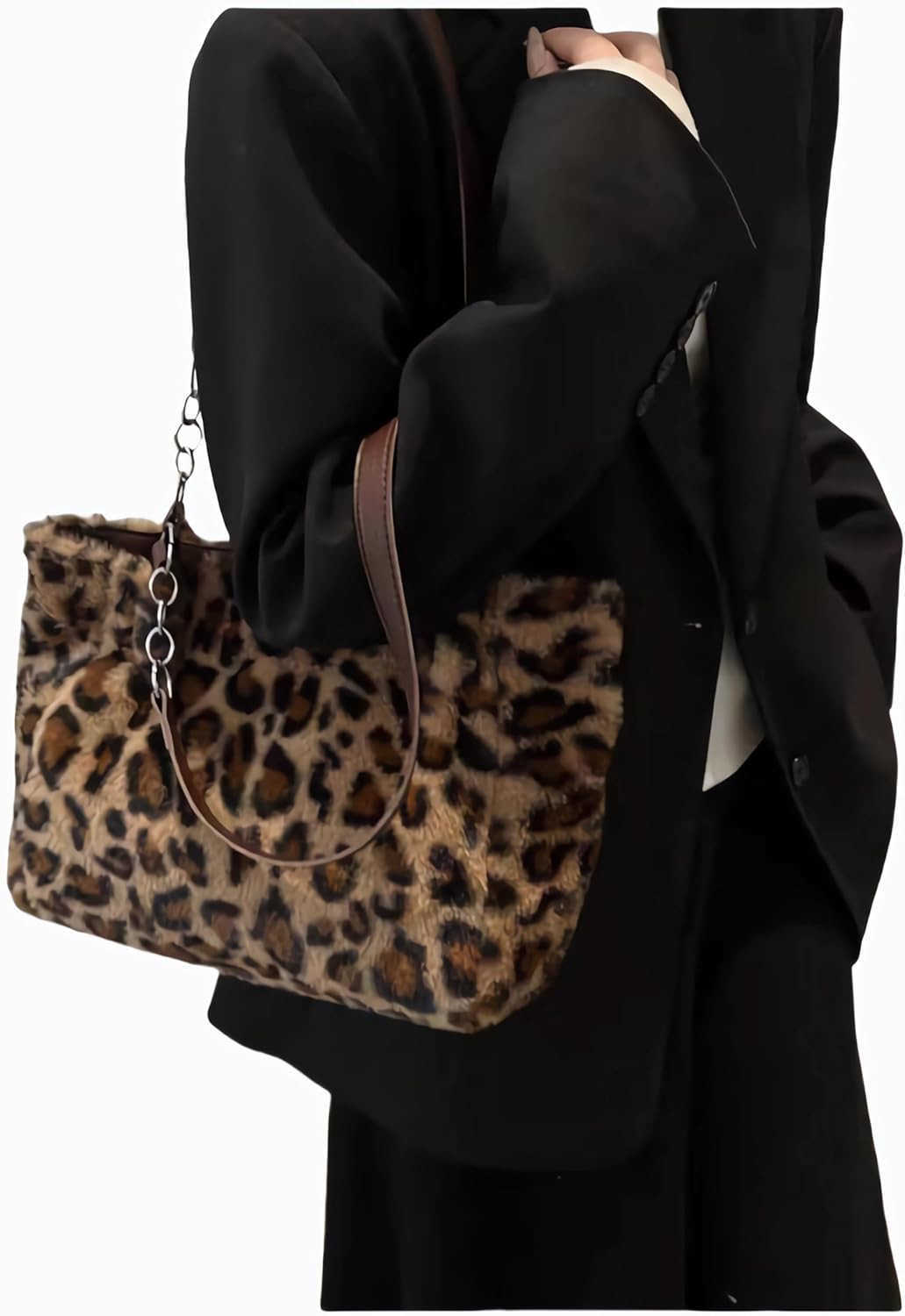Faux Fur Leopard Print HandbagY2K Furry Fur PurseChain Fuzzy Strap Cheetah Print Shoulder Tote Bag For Women Gift C260116