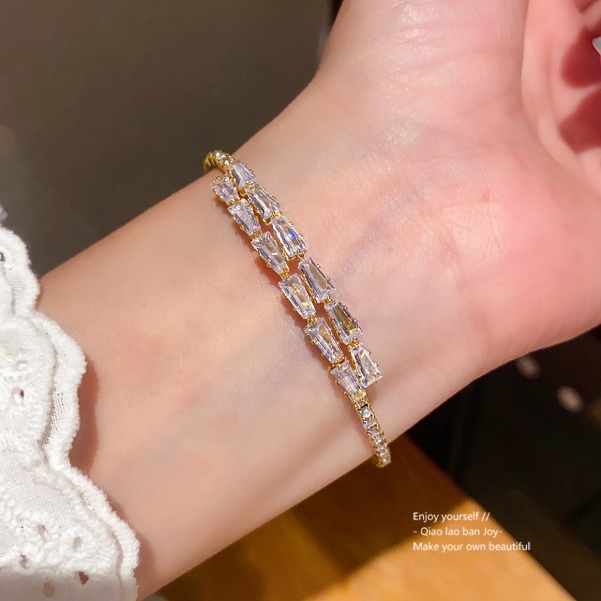Gold Toned Bangle With Baguette Cut Clear Crystals, Double Layered Sparkly Pave Design Delicate Daily Glamorous Jewelry Gift For Her High - Quality An