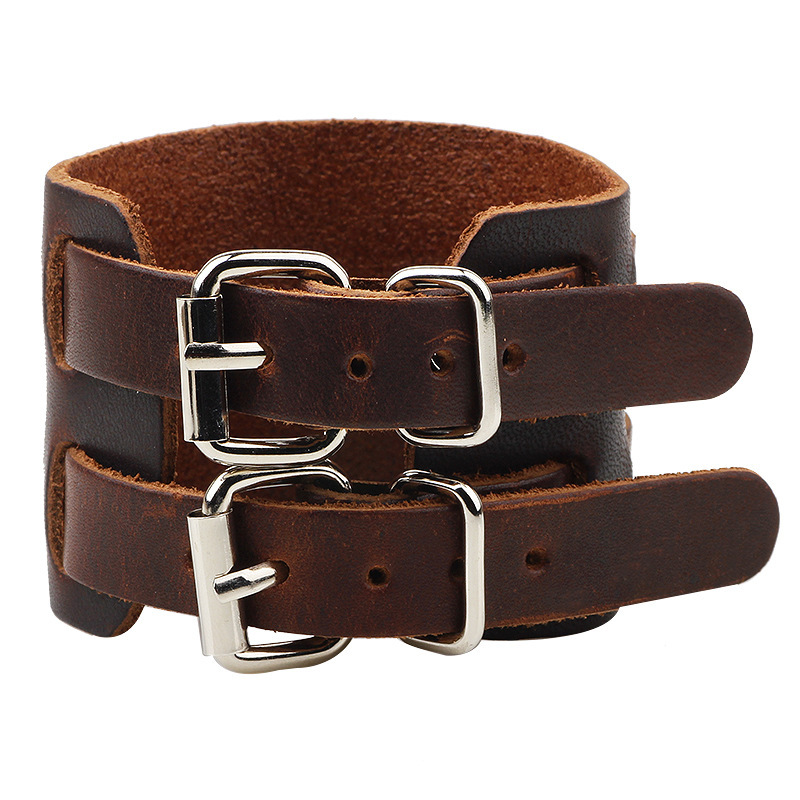 Temu Genuine Wide Leather Double Buckle Bracelet Men's High-end Punk Style Wristband ddmymoon
